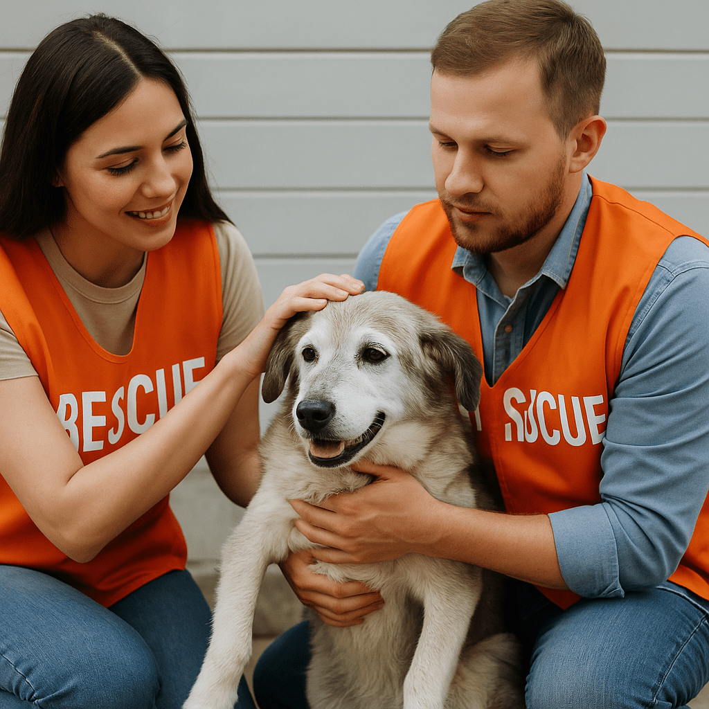 Senior Dog Rescue
Animal rescue volunteer gently lifting a frail senior dog, symbolizing hope and care.