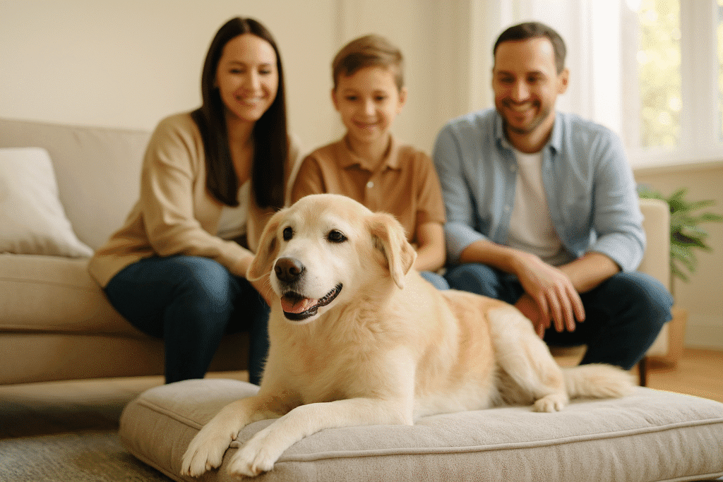 Senior Dog Rescue
Adopted senior dog resting on a cozy bed with a family sitting nearby, symbolizing love and security.