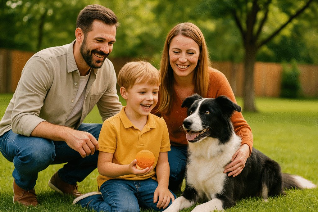 Border Collie sitting next to a child in the yard, showing loyalty and family-friendly temperament.