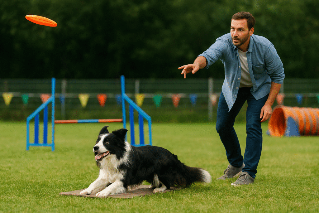 Border Collie performing agility training with owner, highlighting intelligence and trainability.