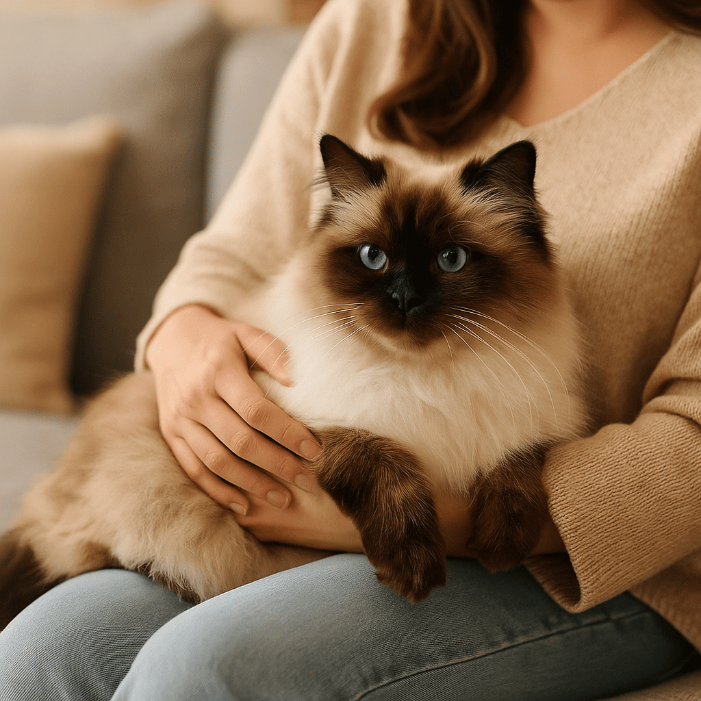 Himalayan Cat cuddling with owner on the sofa, showing affectionate temperament.