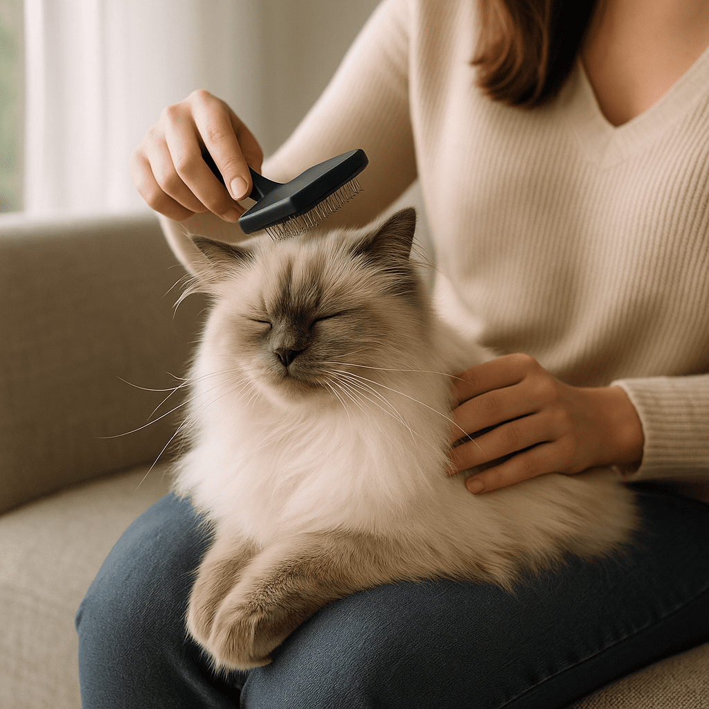 Himalayan Cat
owner brushing Himalayan Cat’s long coat to prevent matting and maintain grooming.