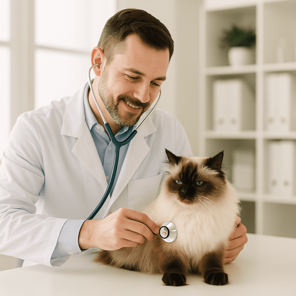 Himalayan Cat being examined by a veterinarian, highlighting preventive health care.