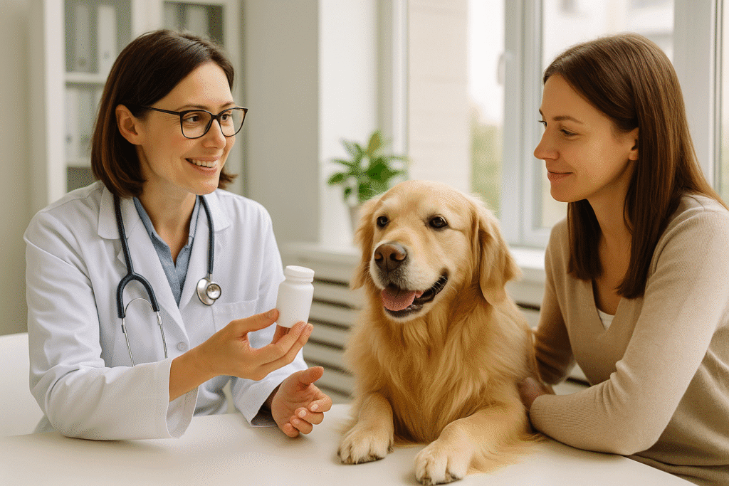 Veterinarian recommending dog multivitamins to owner during a consultation.
