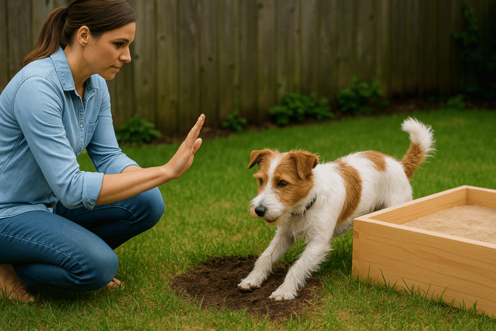 How to Stop Dog Digging
Owner redirecting dog to dig in a sandbox as a designated digging area.