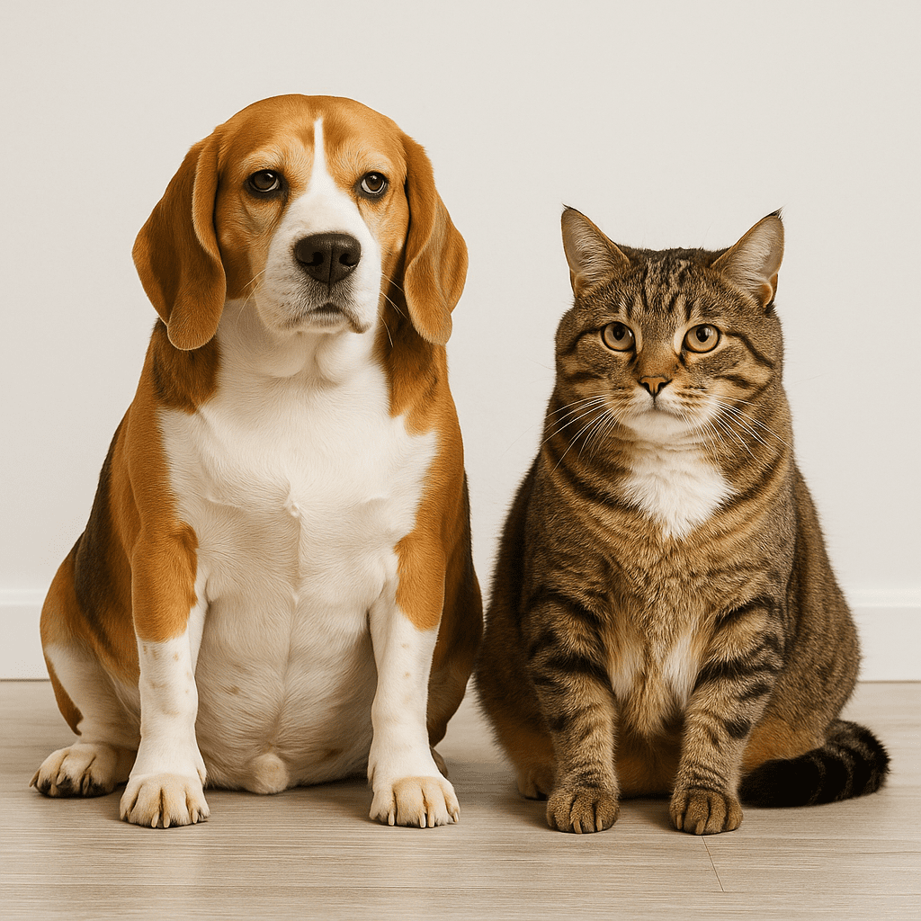 An overweight dog and cat sitting together, representing pet diet and weight management.