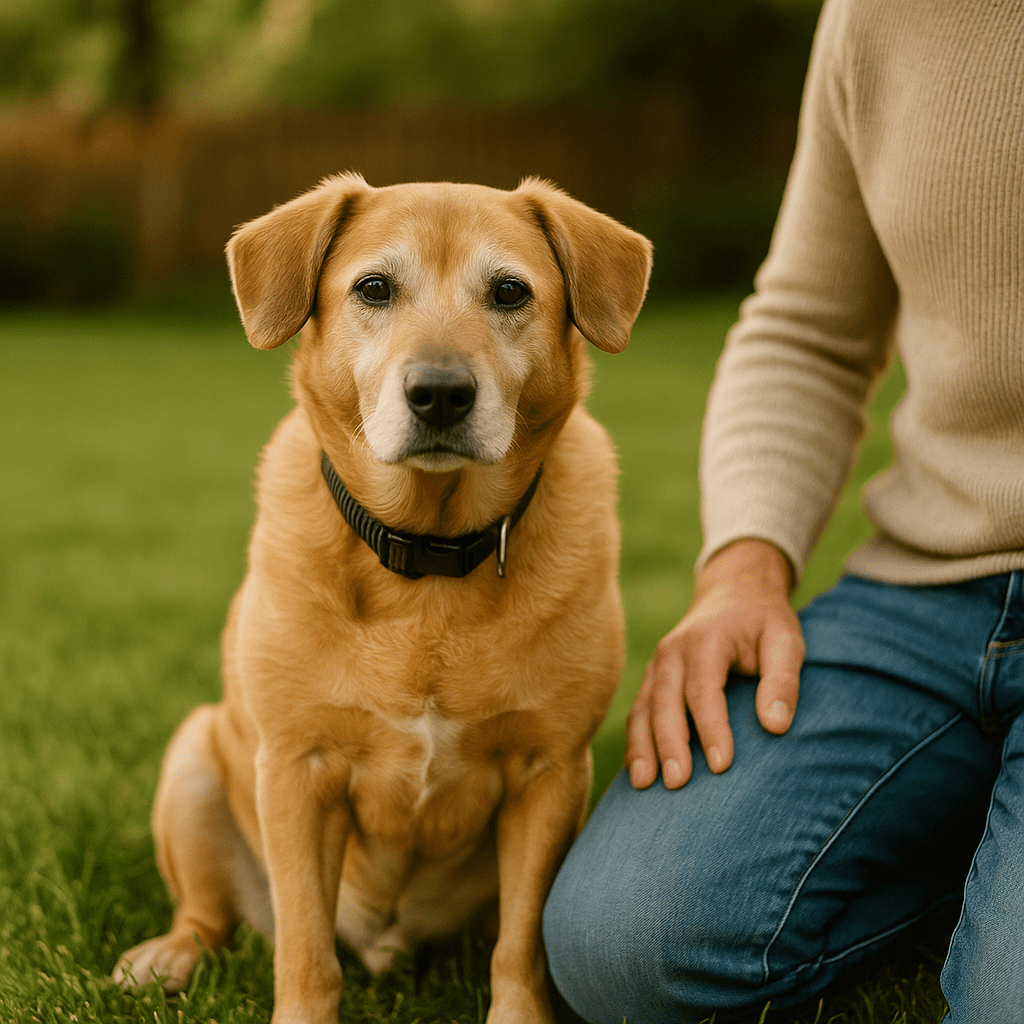 An older dog sitting calmly beside its owner in the yard, symbolizing successful potty training.