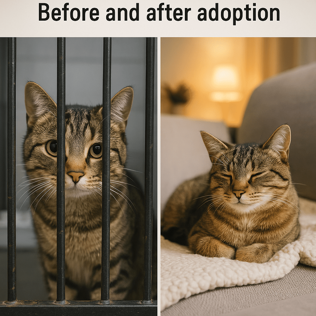 Before and after adoption: a shelter cat compared to the same cat happy in its forever home.