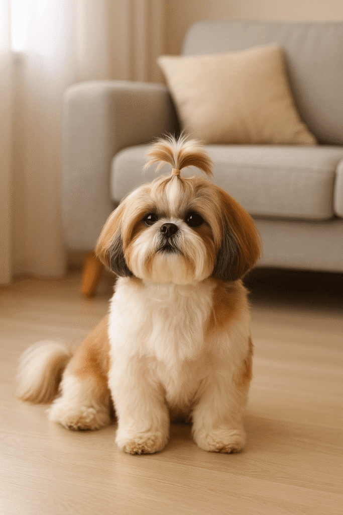 “A well-groomed Shih Tzu sitting gracefully in a cozy living room, symbolizing care and elegance.”