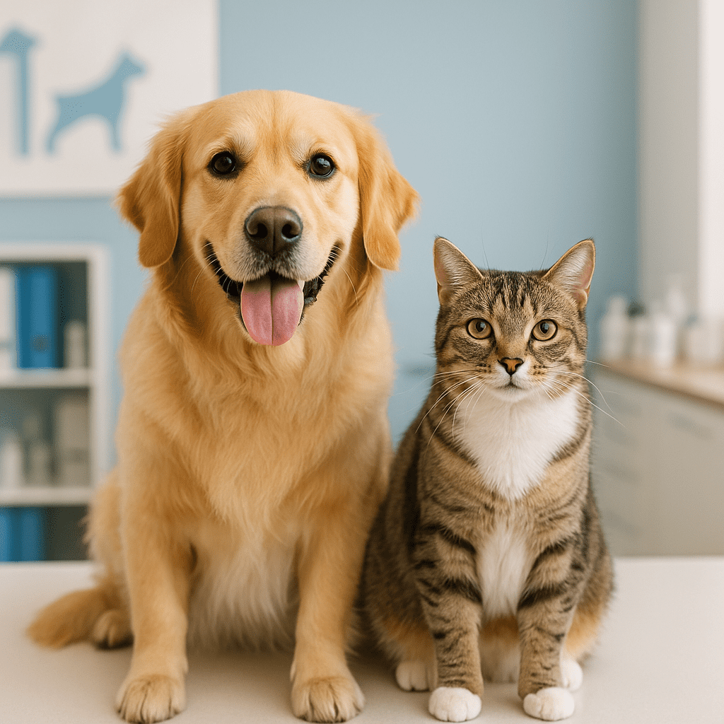 “A healthy dog and cat sitting together at a veterinary clinic, symbolizing pet allergy awareness.”