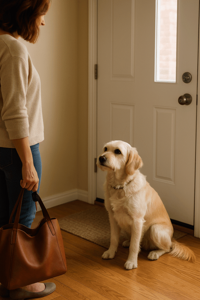 “A dog being trained with a hand signal to stay, reinforcing independence and calmness.”