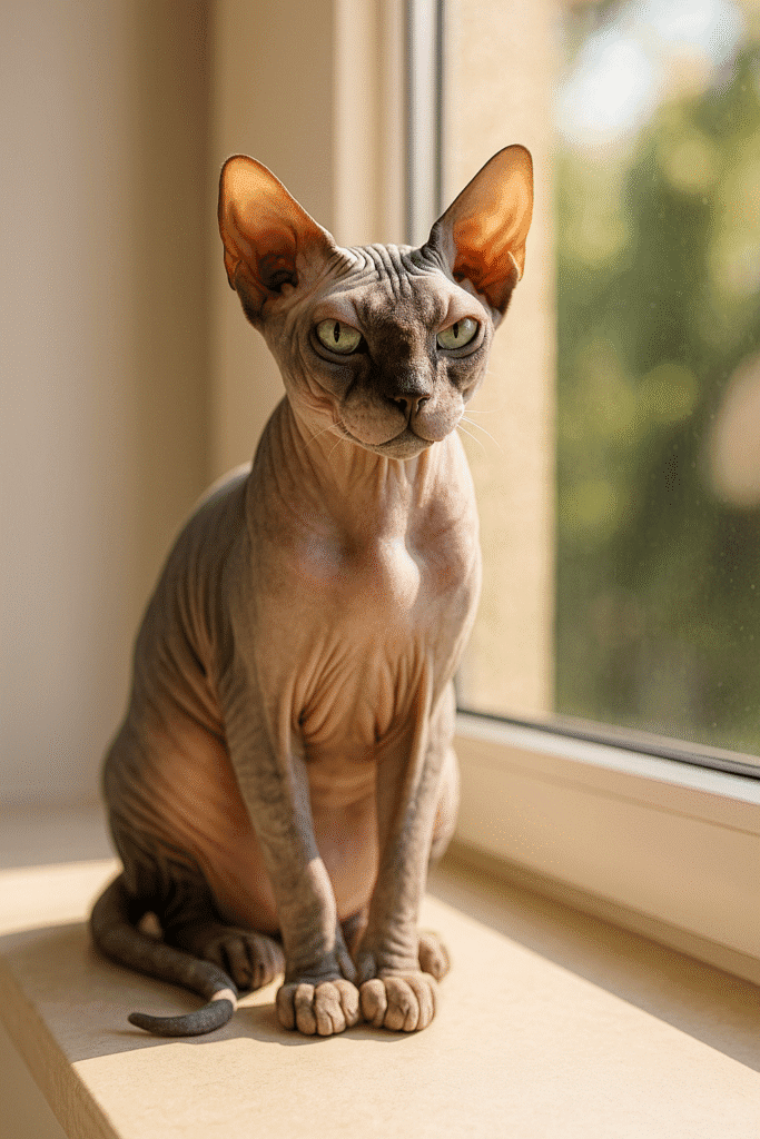 “A Sphynx cat sitting gracefully by a sunny window, highlighting its unique hairless appearance.”