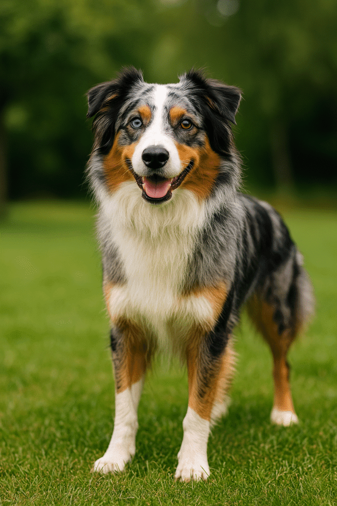 “An Australian Shepherd standing proudly on the grass, symbolizing confidence and intelligence.”