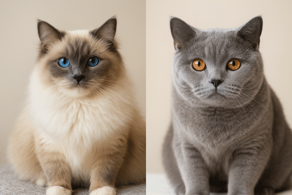 “Side-by-side portrait of a Ragdoll and a British Shorthair cat, symbolizing breed comparison.”