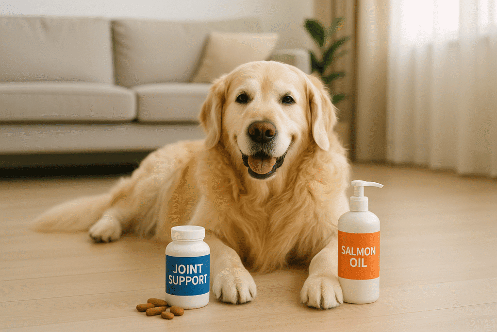 “A senior dog relaxing at home next to joint supplements, symbolizing mobility support.”