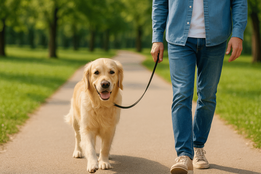 “A dog walking calmly on a loose leash beside its owner in the park.”