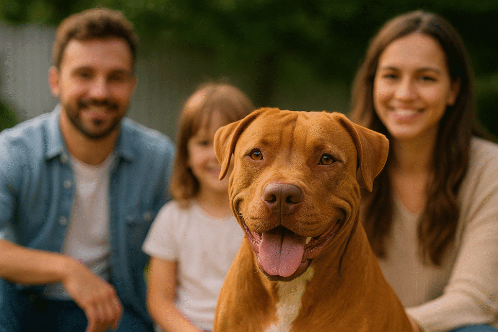 American Pit Bull Terrier sitting happily with family, showcasing loyal and affectionate temperament