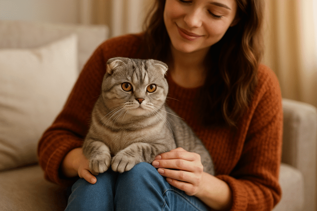 Scottish Fold cat cuddling with owner, showing gentle and affectionate personality traits