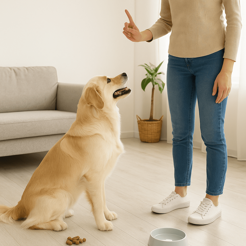 Stop Dog Jumping
Dog sitting calmly in front of its owner during training, learning to stop jumping through positive reinforcement.