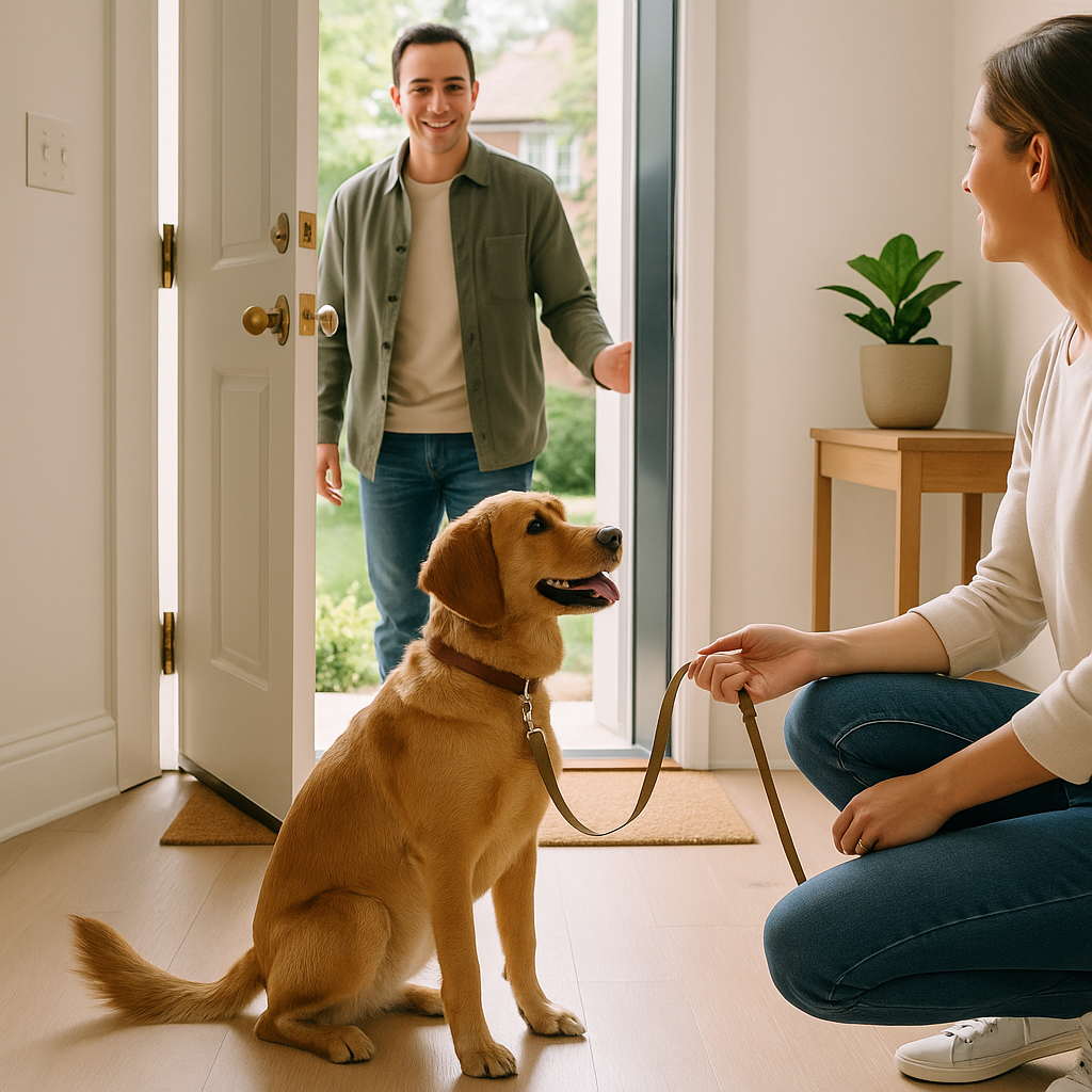 Stop Dog Jumping
Dog waiting calmly as a guest enters the door, showing controlled greeting training on day two.