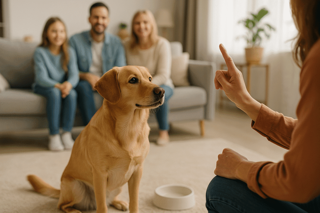 Stop Dog Jumping
Calm, well-trained dog sitting during a family gathering, symbolizing generalization of polite greetings.