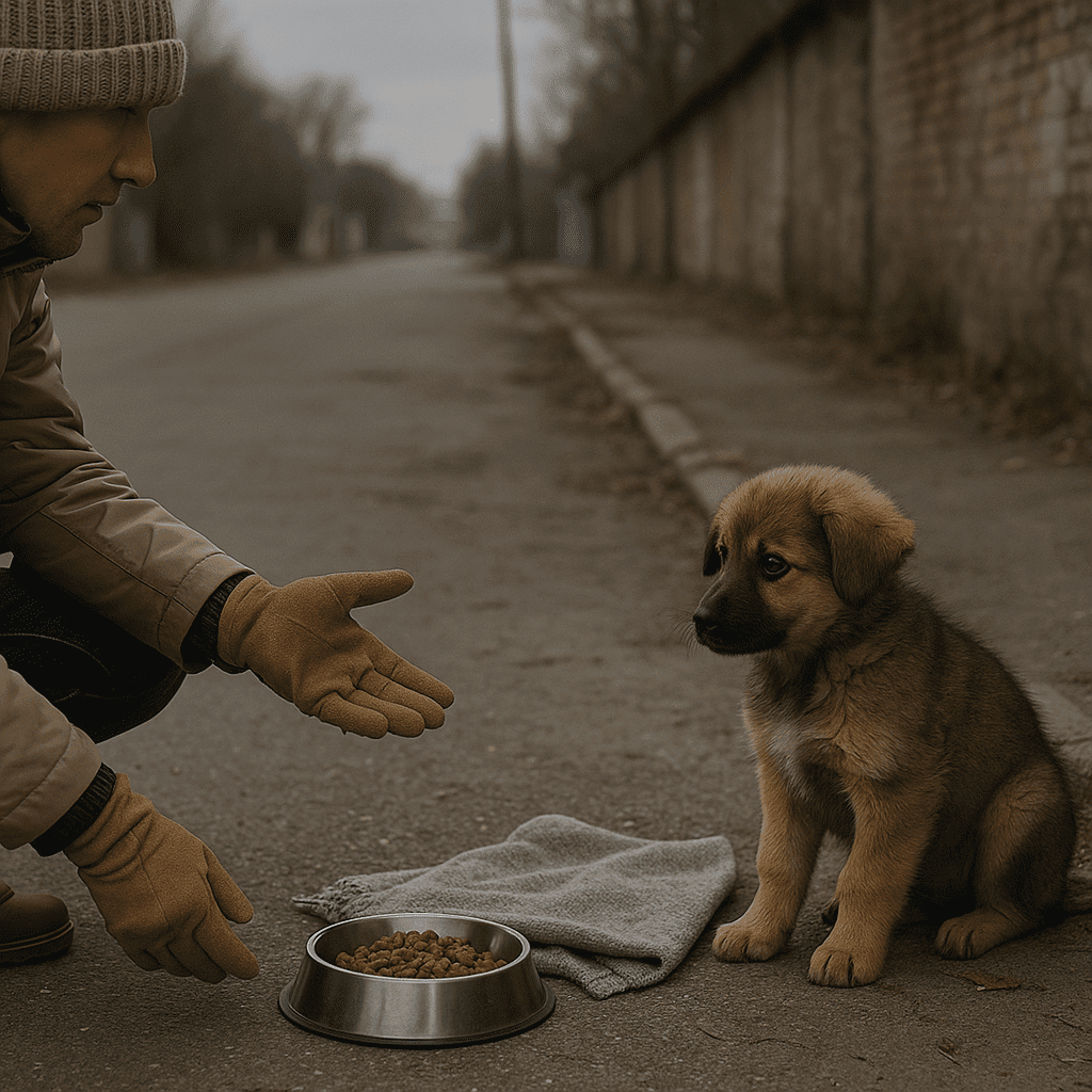 Abandoned Puppy
Rescue volunteer approaching a scared abandoned puppy with food and a blanket, showing the first moment of trust.