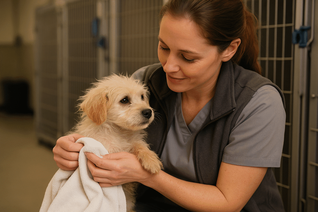 Abandoned Puppy
Shelter volunteer cleaning and comforting an abandoned puppy during its first night of safety.