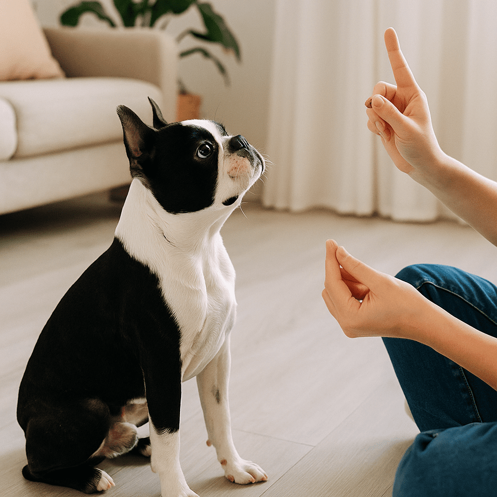 Boston Terrier Care Guide
Boston Terrier sitting attentively during a positive reinforcement training session with its owner.