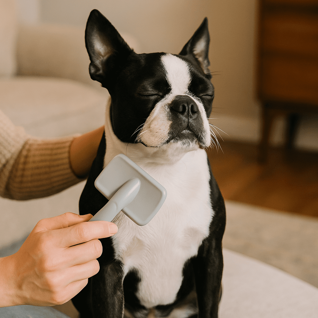 Boston Terrier Care Guide
Owner gently brushing a Boston Terrier’s short coat, emphasizing easy grooming and care.