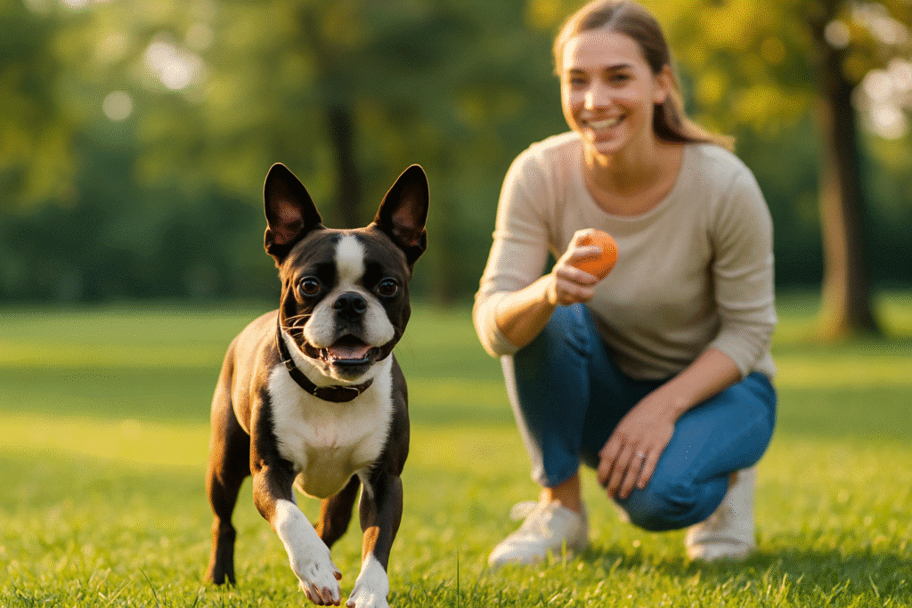 Boston Terrier Care Guide
Boston Terrier joyfully playing fetch outdoors, highlighting exercise and enrichment for a happy life.