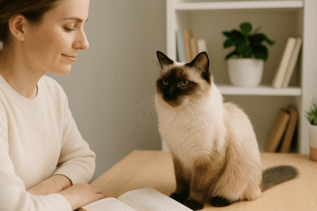 Ragamese Cat Care Guide
Ragamese Cat curiously watching its owner at a desk, showing intelligence and companionship.