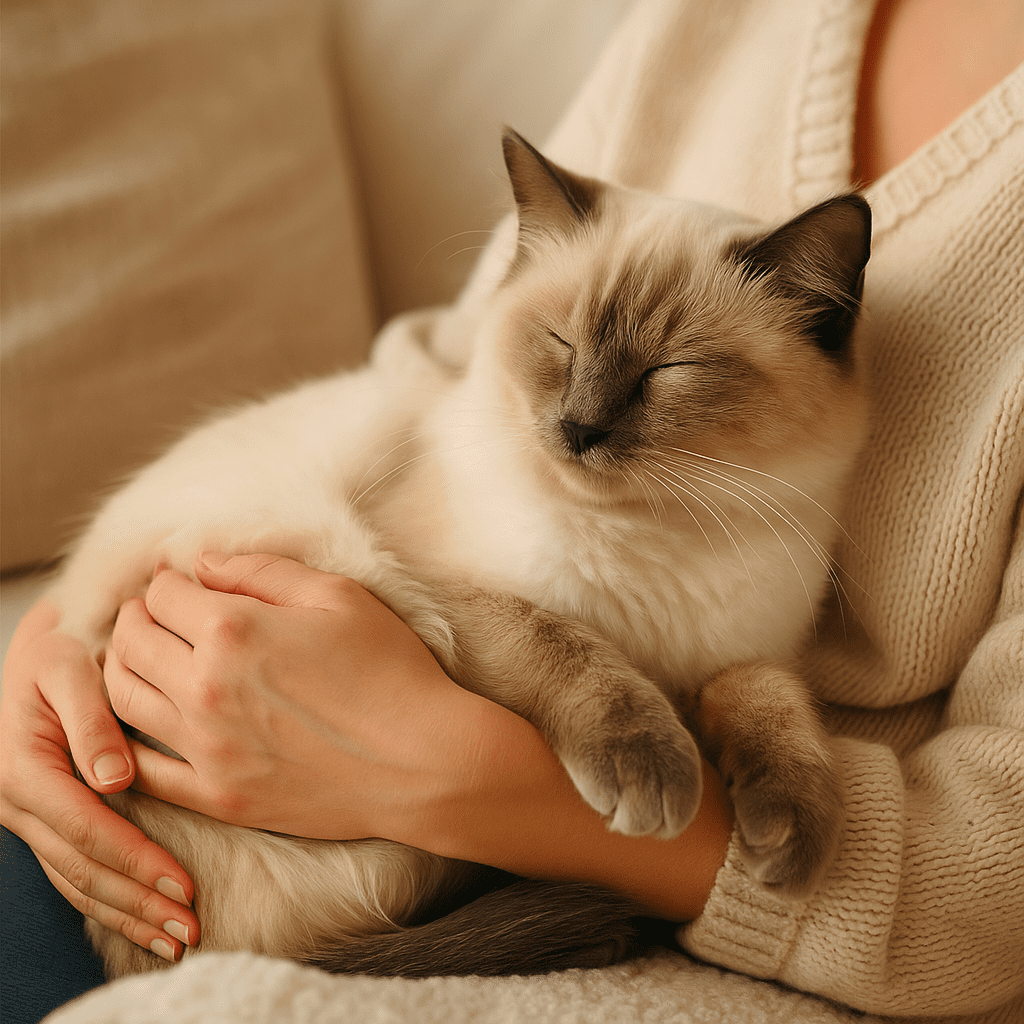 Ragamese Cat Care Guide
Ragamese Cat cuddling peacefully in its owner’s arms, reflecting its affectionate and calm temperament.