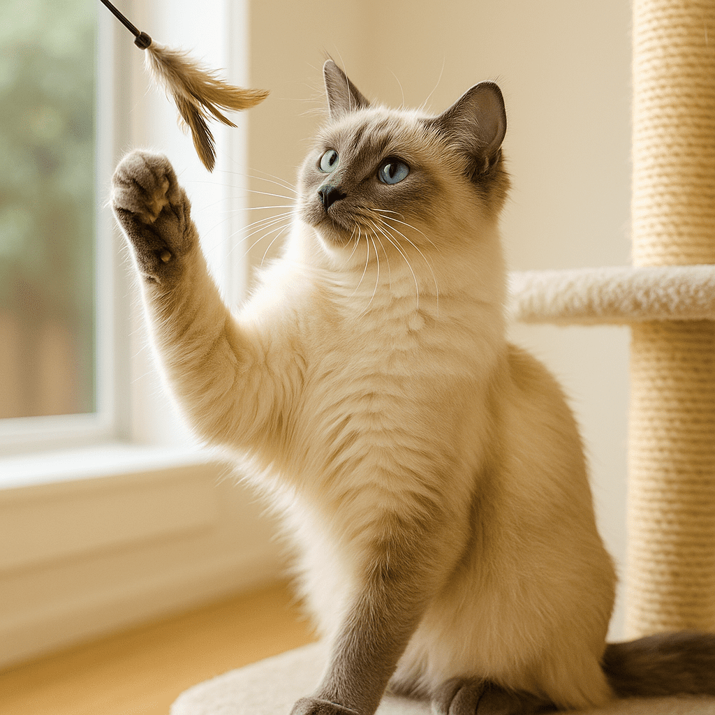 Ragamese Cat Care Guide
Ragamese Cat playing with a feather toy, demonstrating intelligence, agility, and playful energy.