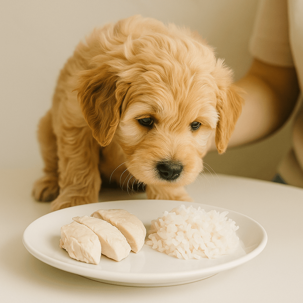 Dog Diarrhea Relief Fast
Plain boiled chicken and rice served for a recovering dog, representing a gentle bland diet for stomach relief.