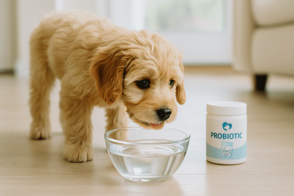 Dog Diarrhea Relief Fast
Dog drinking water beside probiotic supplements, highlighting hydration and gut balance for fast recovery.