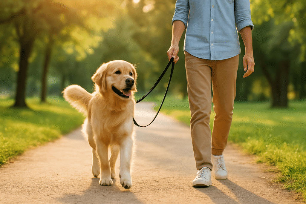 Dog walking calmly beside its owner with a loose leash in a sunny park, symbolizing stress-free walking and control.