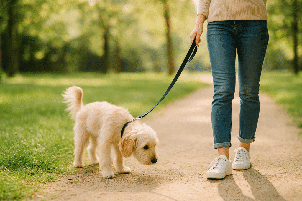 Stop Dog Pulling on Leash
Curious dog gently redirected by its owner during a walk, illustrating calm control and understanding leash behavior.