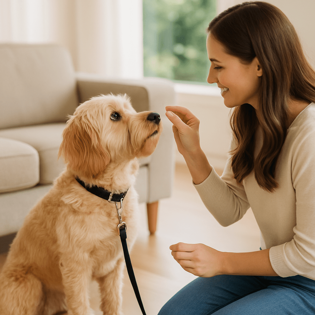 Stop Dog Pulling on Leash
Dog making eye contact with owner indoors during leash training, showing focus and reward-based learning.