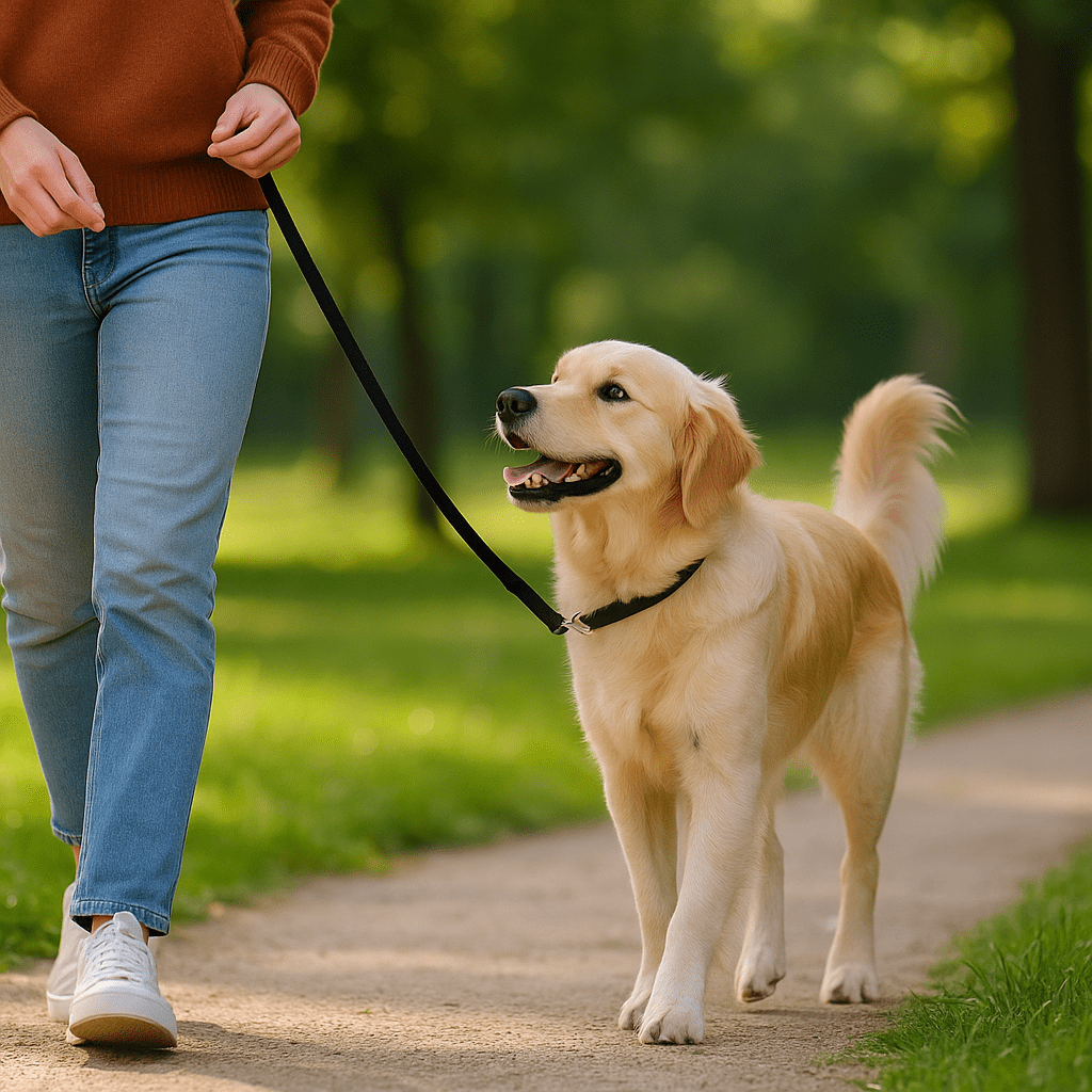 Stop Dog Pulling on Leash
Dog returning calmly to owner’s side on a loose leash during a stop-and-go exercise.