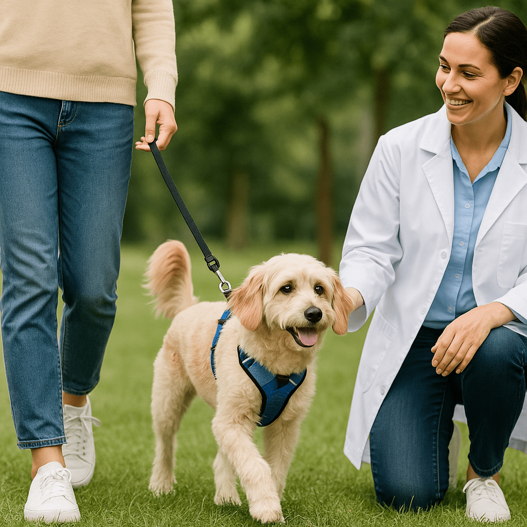 Stop Dog Pulling on Leash
Trainer demonstrating a front-clip harness on a dog, emphasizing safe and humane leash tools.