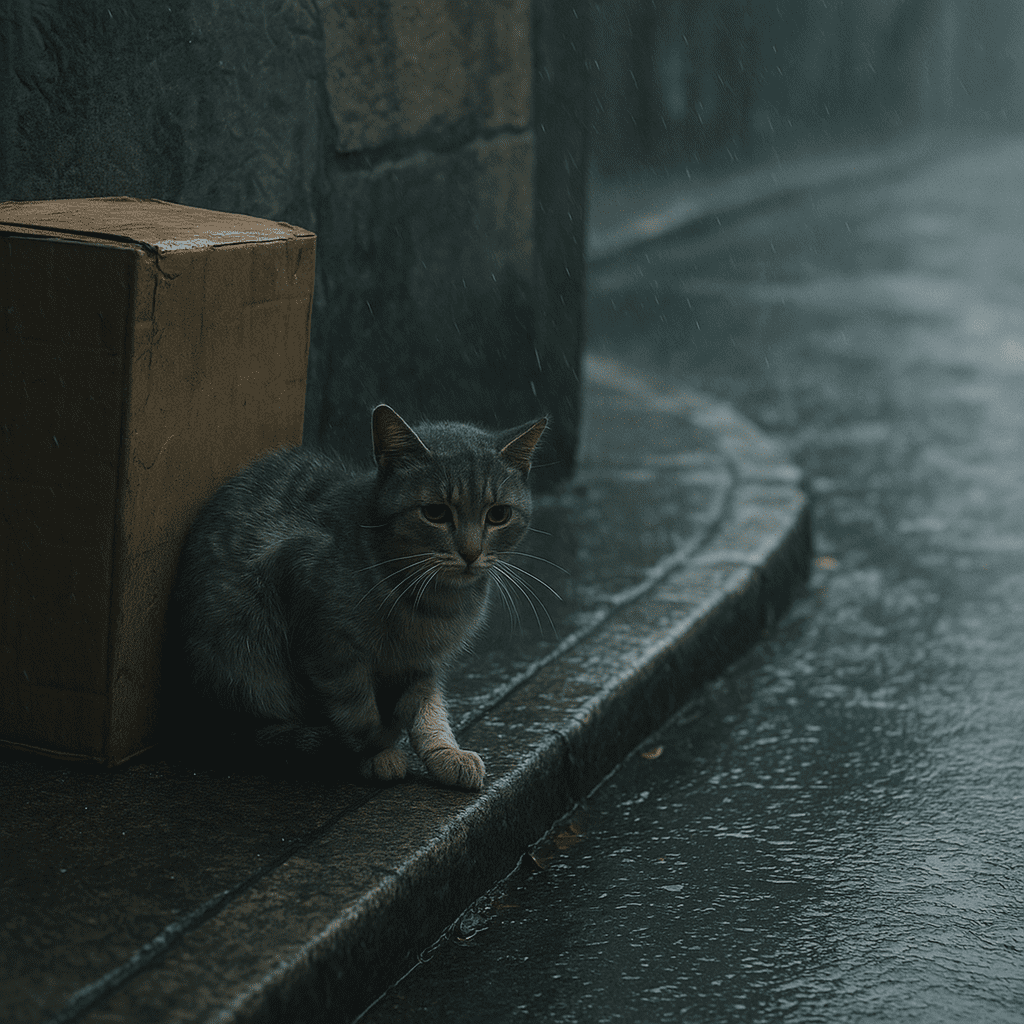 Rescued Cat With Broken Leg
Injured stray cat hiding near a street corner on a rainy day, symbolizing loneliness before rescue.