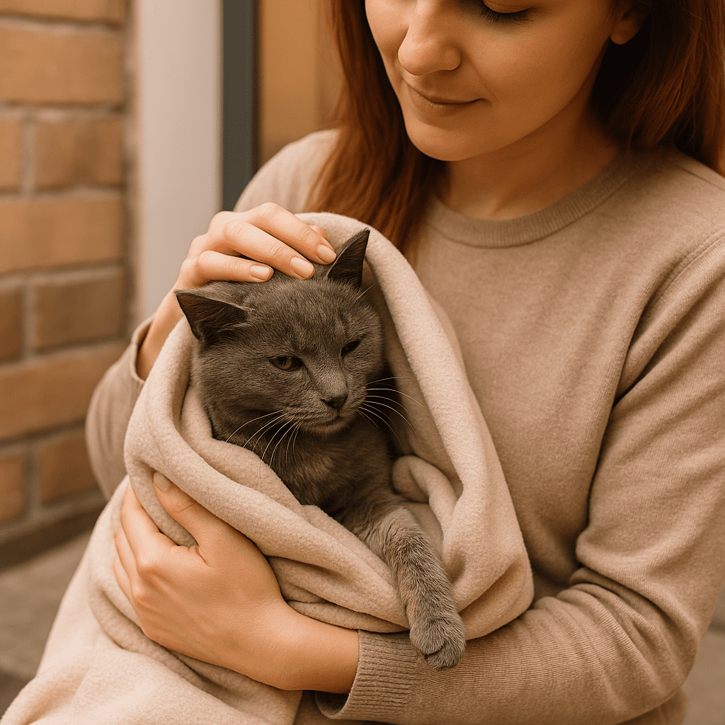 Rescued Cat With Broken Leg
Rescuer wrapping an injured cat in a blanket, capturing the moment of compassion and rescue.