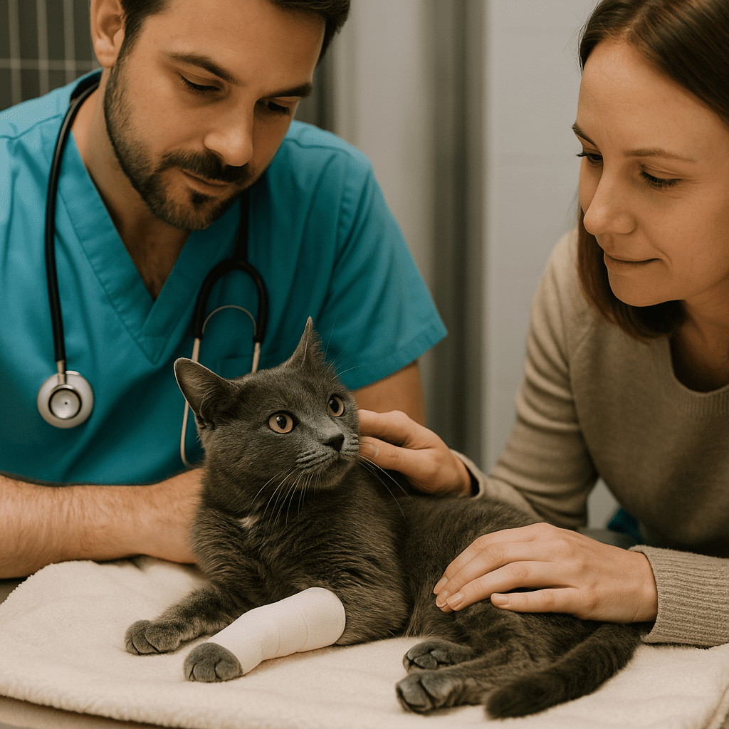 Rescued Cat With Broken Leg
Veterinarian and rescuer watching over a recovering cat with a bandaged leg, showing medical care and emotional support.