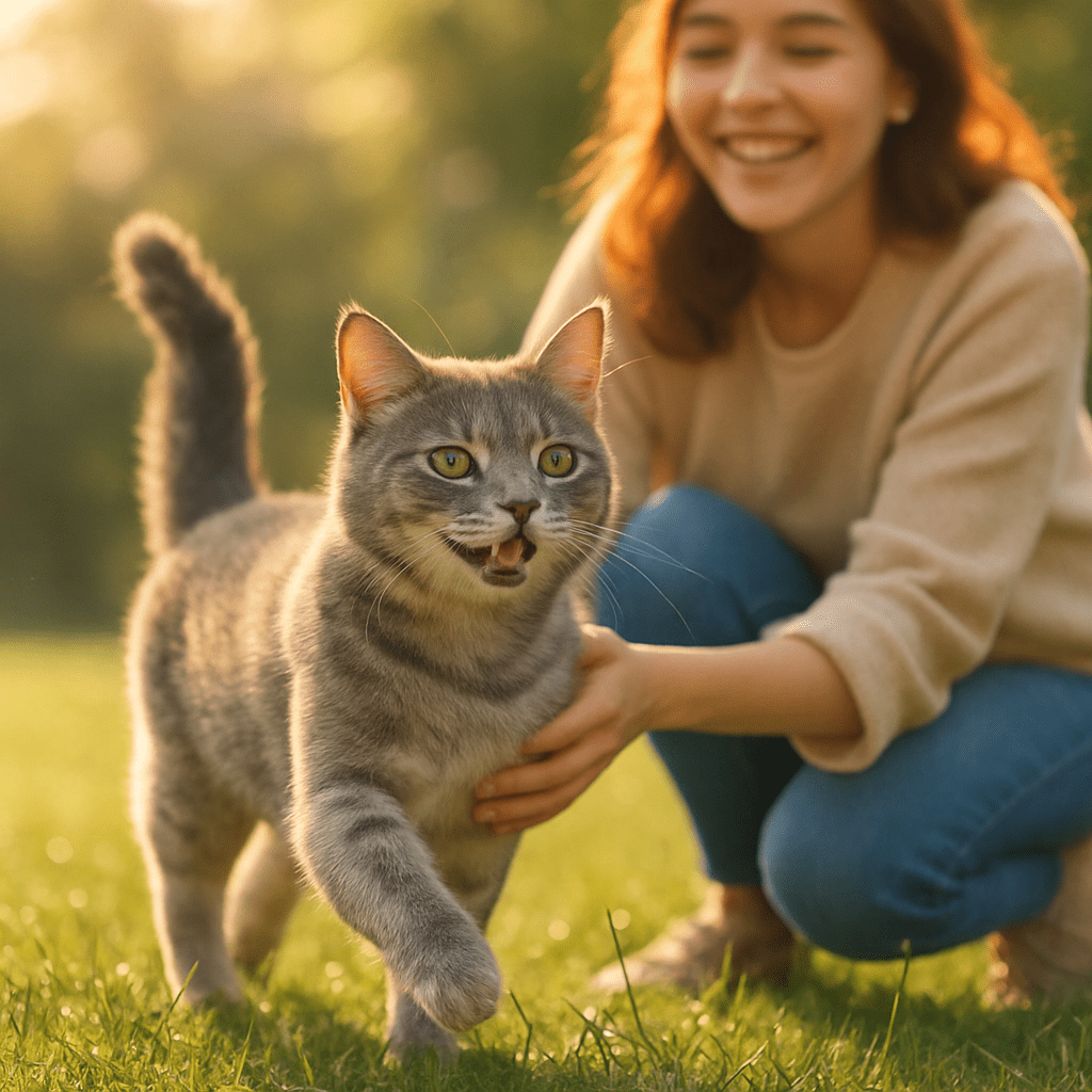 Rescued Cat With Broken Leg
Recovered rescued cat playing joyfully outdoors with its owner, symbolizing freedom, love, and recovery.