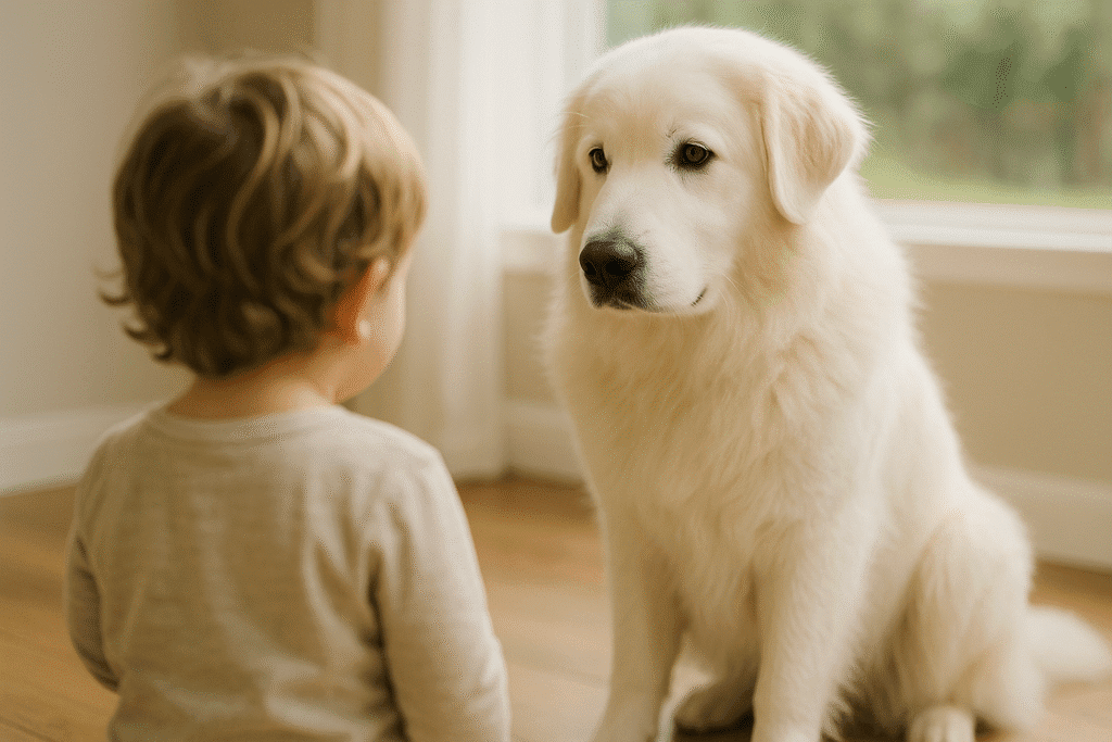 Great Pyrenees Care Guide
Gentle Great Pyrenees watching over a child from a short distance, illustrating a calm guardian nature.