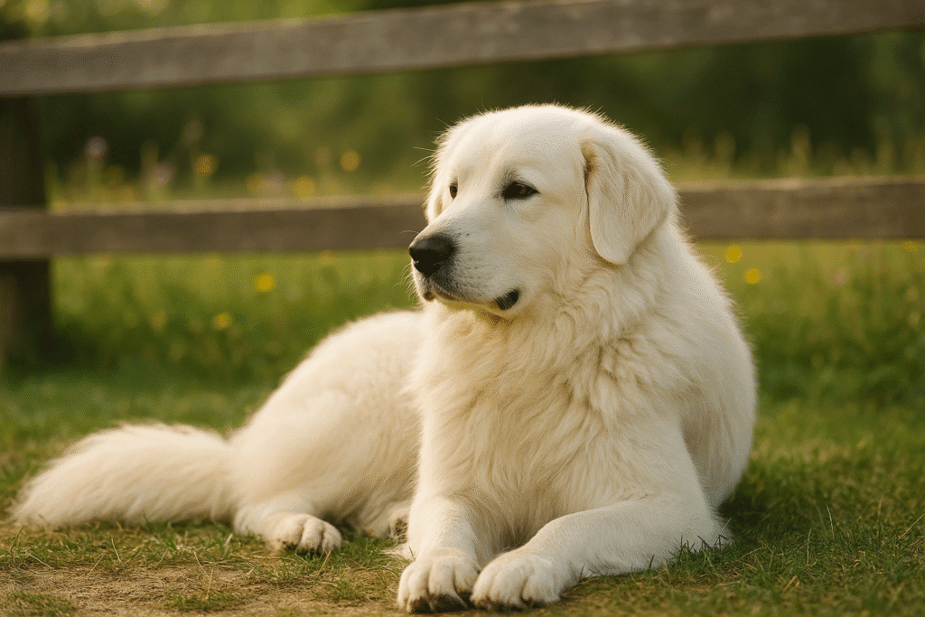 Great Pyrenees Care Guide
Great Pyrenees resting by a fence in a quiet yard, symbolizing calm strength.