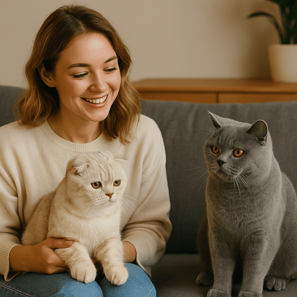 Scottish Fold vs British Shorthair
Scottish Fold and British Shorthair sitting peacefully beside their owner, symbolizing calm companionship.