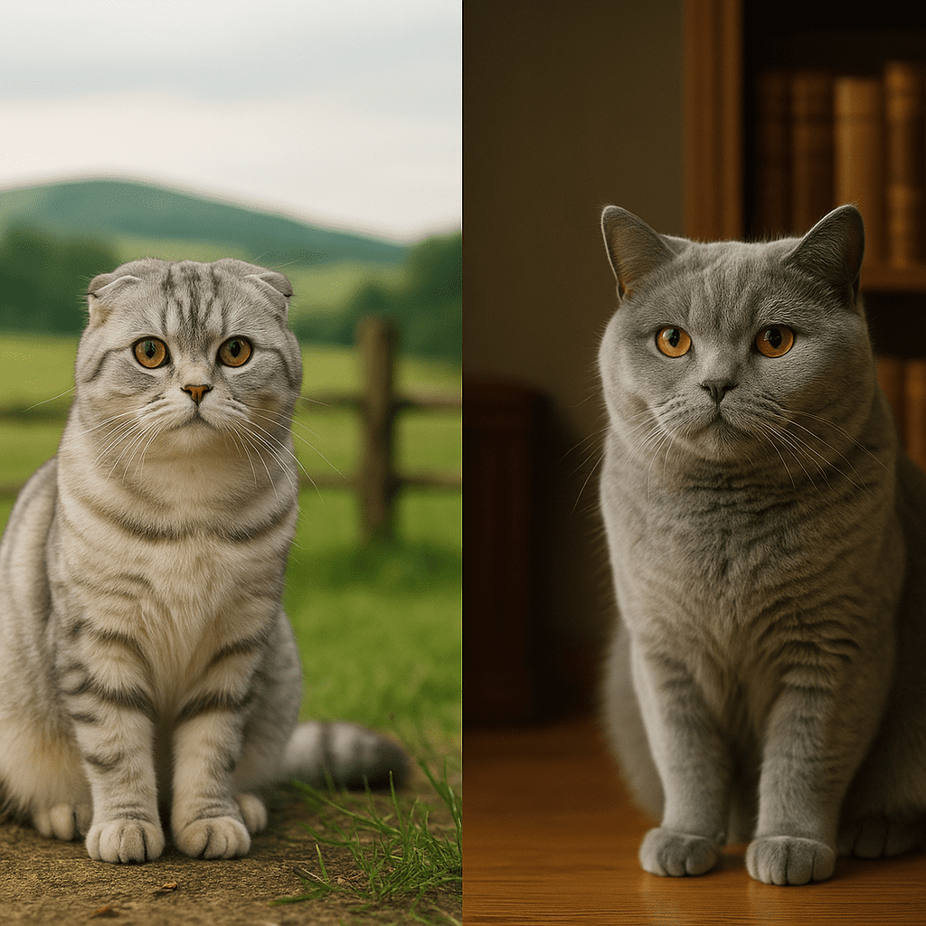 Scottish Fold vs British Shorthair
Scottish Fold cat in a Scottish countryside and British Shorthair in an English home library, showing their origins.