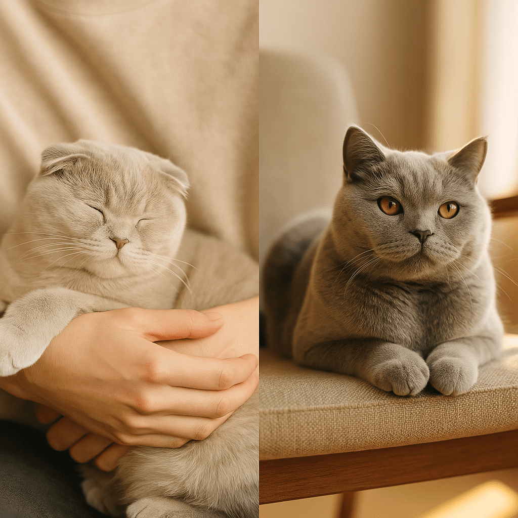 Scottish Fold vs British Shorthair
Calm Scottish Fold cuddling with owner and British Shorthair relaxing under sunlight, symbolizing gentle temperaments.