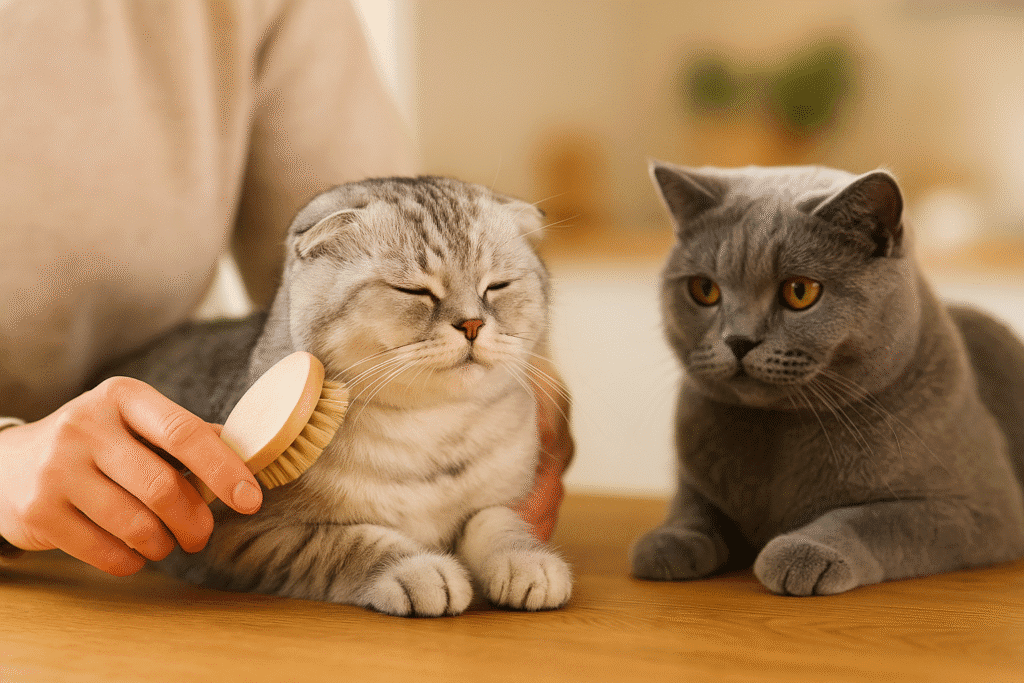 Scottish Fold vs British Shorthair
Owner gently brushing a cat’s fur while another cat watches, representing grooming and care.
